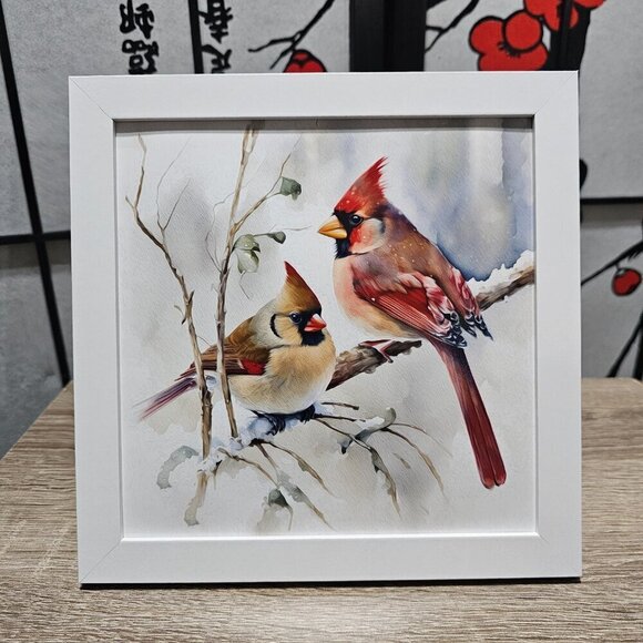 NobleCaptures Other - 8x8 Framed Red Cardinal Love Birds Watercolor‎ Oil Painting Print
